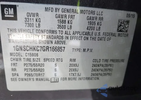 2016 Chevrolet Suburban C1500 Lt z USA, uszkodzony, nr VIN 1GNSCHKC7GR166857